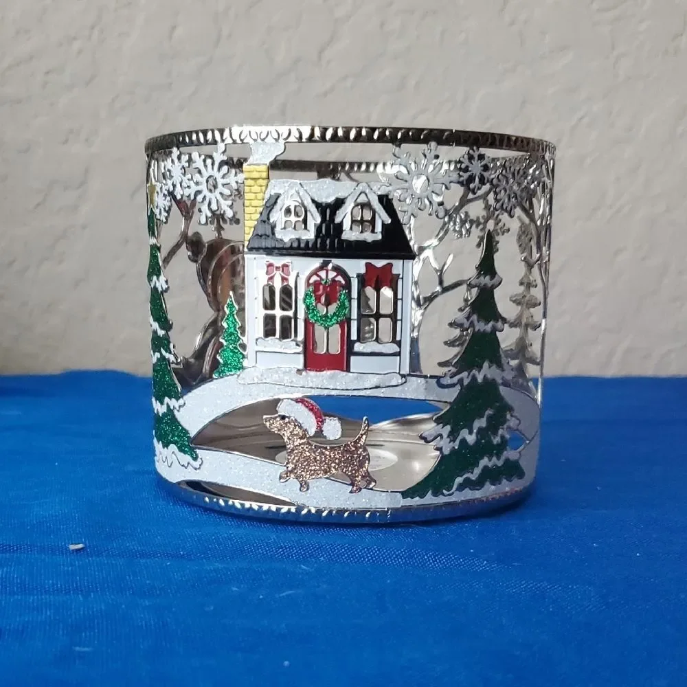 Bath & Body Works Holiday Snowman Scene 3-Wick Candle Holder Metal Sleeve Cutout